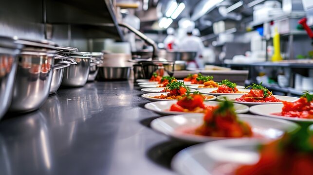 Plates of food lined up on a counter. Ideal for showcasing culinary creations in a restaurant or food-related content