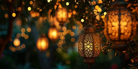 Muslim lantern on blurred background Generative AI - obrazy, fototapety, plakaty