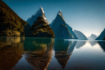 Famous Mitre Peak rising from the Milford Sound fiord. Fiordland national park