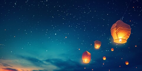 burning lanterns flying into the night sky Generative AI