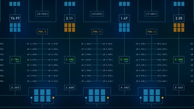 Node tree, switchboard. Digital switch board with signal lights. Industry, data, blocks, switches, connections, technology. Control center concept.