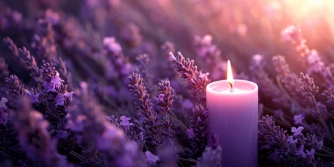 Fototapeten Burning candle in a lavender field Generative AI © València