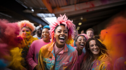 A girl in colorful clothes smiles in the crowd at the Holi festival.