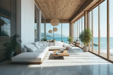 Perspective of modern luxury living room with white sofa and hanging lamp on sea view background,Idea of family vacation - warm timber interior designe