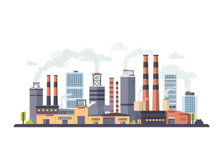 Obraz premium 2D flat design illustration of the factory and industrial area. Façade skyline. Smoke pollutes the air.