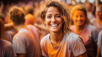 A girl smiles in the crowd at the Holi festival.