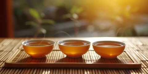 bowls of tea on bamboo boards Generative AI