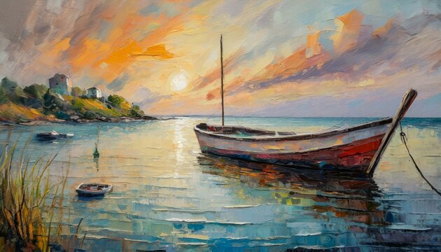 an original oil painting on canvas that portrays the calm beauty of boats anchored in the soft glow of a coastal sunset. Employ a muted color palette to convey a peaceful atmosphere, paying attention 