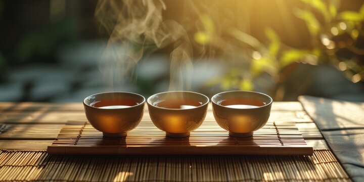 bowls of tea on bamboo boards Generative AI