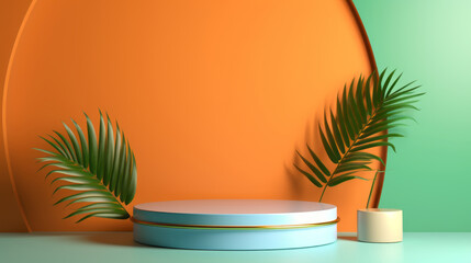 Obraz premium light blue cylinder podium with palm leaves on orange background product display and presentation, minimalistic look