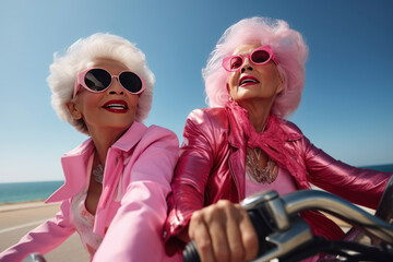 Portrait of an mature couple of women in pink clothes on a motorcycle valentine's Day concept - obrazy, fototapety, plakaty