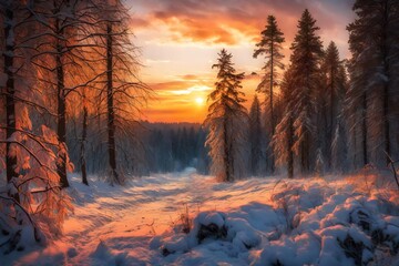 Fototapeta na wymiar Colorful sunset in winter forest