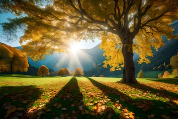 On the lawn covered with leaves at the high mountains there is a lonely nice lush strong tree and the sun rays lights through the branches with the background of blue sky. Beautiful autumn scenery.