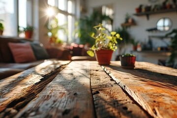 Wood table with blurred modern apartment interior background, Empty wooden tabletop with blurred living room background