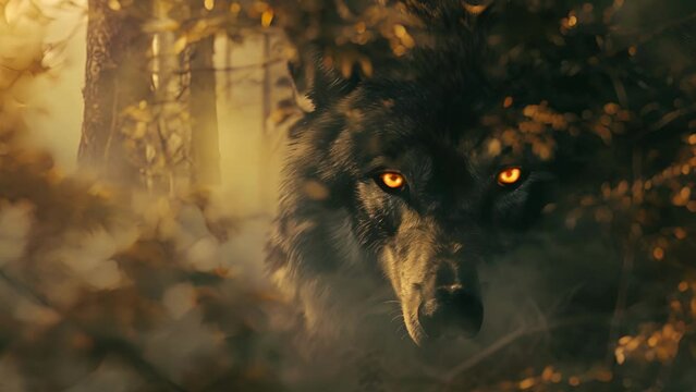 The werewolfs glowing yellow eyes watched the hunter from the cover of the trees, waiting for the perfect opportunity to strike back at the one who hunted its kind. Fantasy animatio