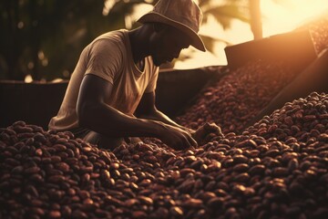 Cocoa Harvest: Explore the Vibrant Cocoa Plantation, Where Workers Harvest Cocoa Pods and Undertake Agricultural Processing, Unveiling the Essence of the Cocoa Industry	
 - obrazy, fototapety, plakaty