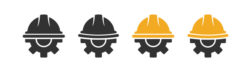 Fototapeta premium Helmet gear icons. Workwear symbol. Safety and protection, engineer. Cogwheel logotype. Construction helmet with gear. Head safety.