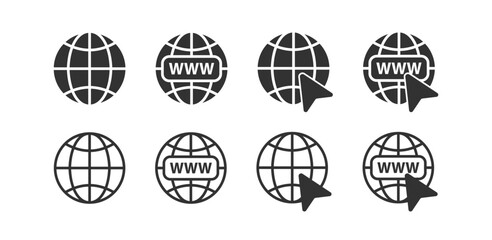 Earth web icon. Browser click symbol. WWW sign. Global network. Website connection.