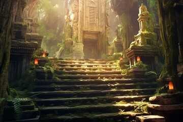 Sunlit ancient temple ruins in jungle, moss-covered stone, root-covered stairs, burning fire. 2D illustration. Generative AI - obrazy, fototapety, plakaty