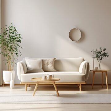 A modern living room with minimalist furniture, a beige sofa and a stylish standing lamp, against a warm peach wall.
