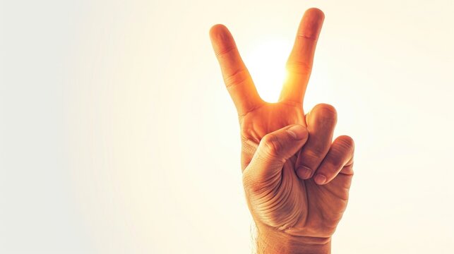 Detailed image of a hand gesturing peace sign, with a radiant sheen, isolated white background generative ai