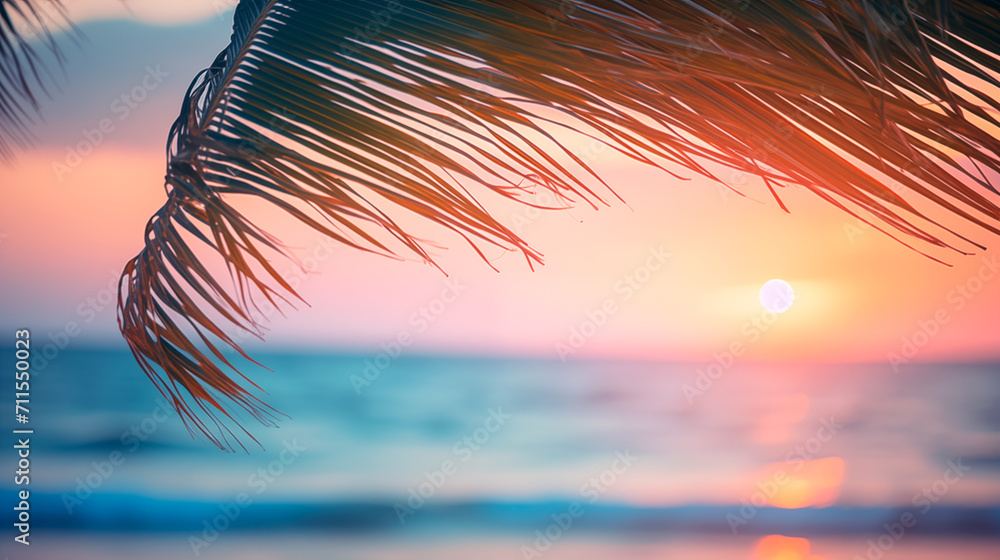 Wall mural summer vacation defocused background blurred sunset over the ocean and palm leaves frame banner