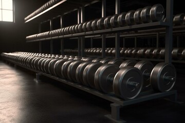 Rows of weights with heavy plates. Sports equipment. 3D render. Generative AI