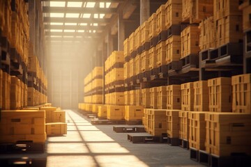 Line of crates on moving belt beside crates in factory assembly. Generative AI