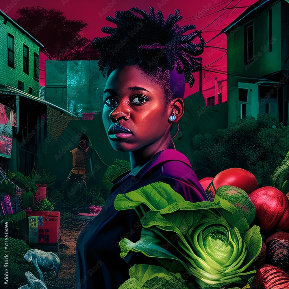 Wall mural illustration of black woman around vegetables suburbs, abstracts. celebrating black history month!