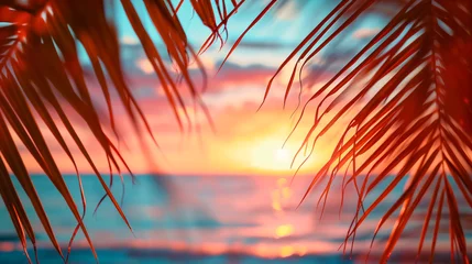 Crédence de cuisine en verre imprimé Rouge violet Summer vacation defocused background blurred sunset over the ocean and palm leaves frame banner
