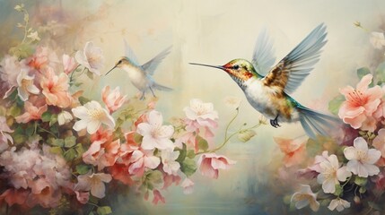  birds elegantly dance amidst blooming flowers, their delicate steps and graceful postures harmonizing with the natural surroundings, creating a scene that embodies the beauty of nature in motion.