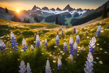 Lupines, chamomiles and other wild flowers on an Alpine meadow during sunrise - obrazy, fototapety, plakaty