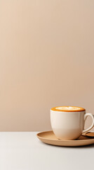Coffee cup on beige neutral background. Space for text