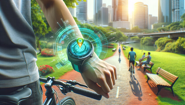 Cyclist in a city park using a smartwatch with a 3D hologram route map, showcasing a futuristic blend of cycling and technology. AI Generated. - Powered by Adobe