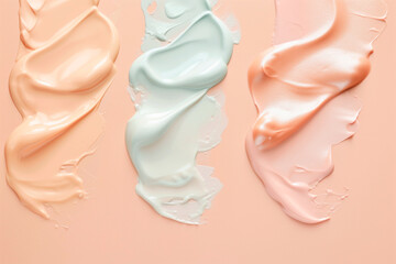Fototapeta na wymiar Texture cosmetic smear cream gel serum texture liquid serum swatches on a peach background 