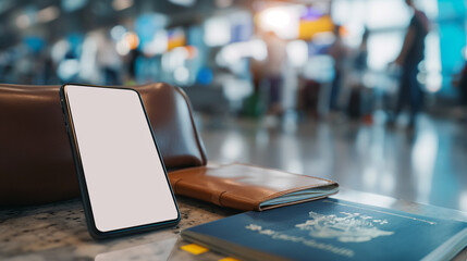 Smartphone mit blanko weißem Display und Reisepässe liegen im Flughafen auf einem Tresen am Zoll wegen digitale Reiseunterlagen mobiler Reiseplanung der Zukunft Generative AI - obrazy, fototapety, plakaty