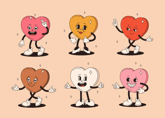 Set of retro groovy heart characters. Trendy hippie emoji with different emotions. Romantic love mascot stickers for valentine day. Cartoon flat vector illustrations isolated on beige background