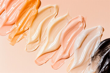Texture cosmetic smear cream gel serum texture liquid serum swatches on a peach background	