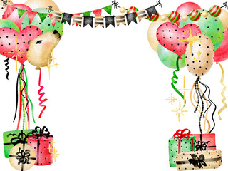 PNG frame clipart Birthday digital border transparent, Party clipart printable poster, Cute air balloons and gift boxes festive background
