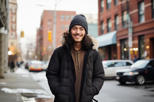 Young man in winter coat and hat standing on the street in New York City