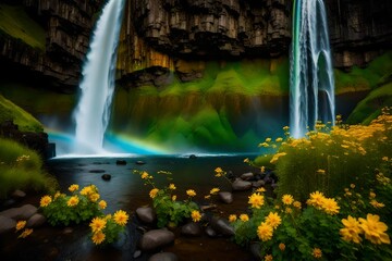 Seljalandsfoss waterfall. Summer landscape with a rainbow and a river. Amazing light of the evening sun. Yellow flowers in the valley. Famous tourist attraction of Iceland