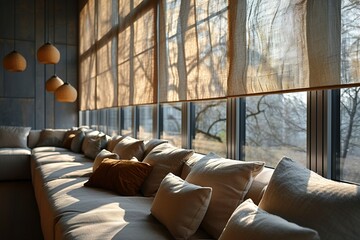 The room features roller blinds as part of the interior design, creating a backdrop. The window is decorated with automatic solar shades in larger dimensions. The fabric used has a linen texture