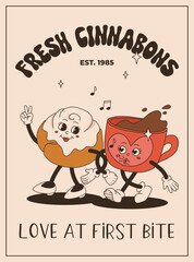 Valentine's Day set of vintage characters. Happy and cheerful retro. Old animation 50s, 60s 70s, groovy cartoon characters of coffee and sweets, donut, cupcake, espresso, latte, cocoa, cake. present.