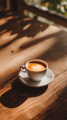 Obraz premium Coffee cup on a wooden table, minimalistic Instagram story layout. Empty space for text.