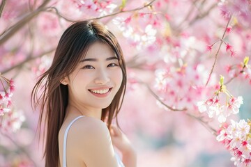 Obraz na płótnie Canvas 桜と笑顔の日本人女性のポートレート（春・花見・卒業・入学・幸せ）