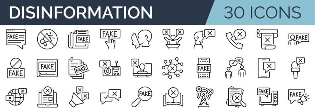 Set of 30 outline icons related to disinformation. Linear icon collection. Editable stroke. Vector illustration