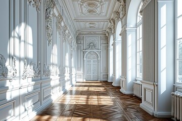 White wall with classic style mouldings and wooden floor, empty room interior