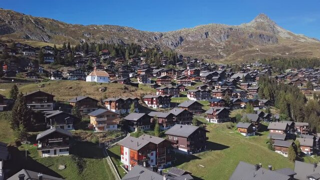 Aerial view of Bettmeralp, car free mountain village in Valais, Switzerland.