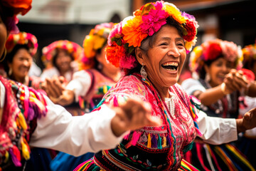 Sunset Rhythms in Quito: Cultural Heritage as Happy Women, Adorned in Local Costume, Gracefully Perform Traditional Dance at Sunset in Ecuador	
 - obrazy, fototapety, plakaty
