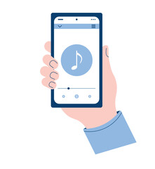 Hand holds smartphone with mobile music app on screen. Phone with mp3 application on display. Cellphone in human hand. Flat vector illustration on white isolated background.